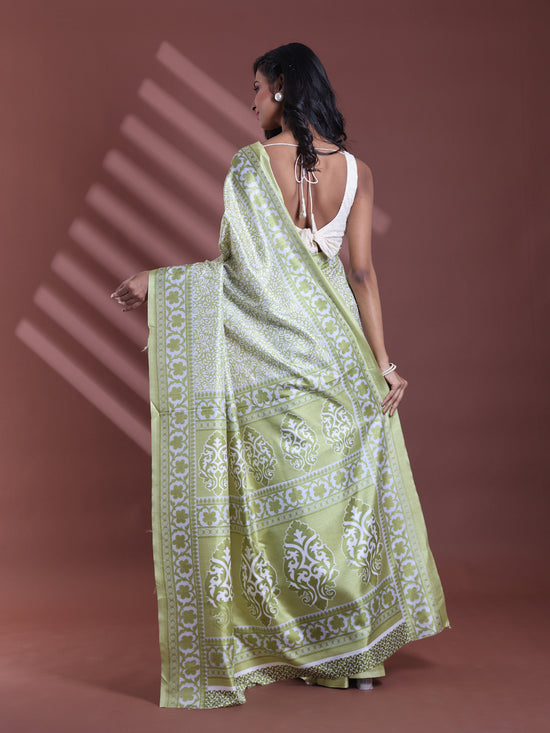 Lime Green Silk Soft Saree With Floral Print-MA60BSL01400069