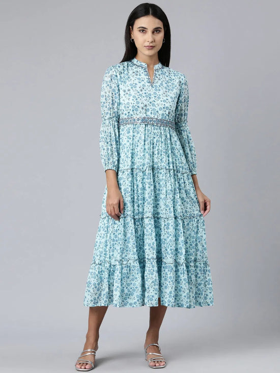 Women Blue Floral Fit and Flare Dress-BC-SK-981-Blue