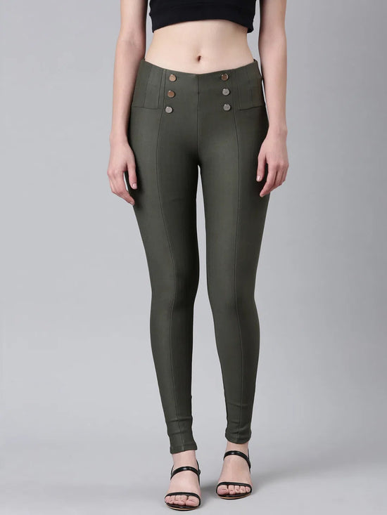 Women Olive Solid Skinny Fit Jeggings-ANX-77-Olive