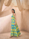 Women Yellow & Blue Ikat Loose Fit Strappy Tiered Maxi