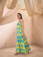 Women Yellow & Blue Ikat Loose Fit Strappy Tiered Maxi