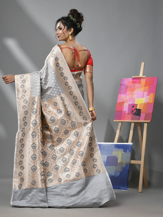 Ice Grey Katan Silk Banarasi Saree With Ethnic Motifs And Zari Woven Designs-MA52KA441380085