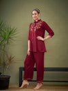 Women Maroon Front Embroidered Shirt With Palazzos