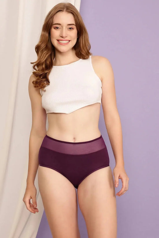 Clovia High Waist Hipster Panty in Wine Colour with Powernet Panels - Cotton