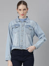 Women Blue Solid Denim Jacket-GZ-5476-Blue