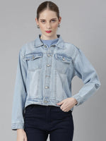 Women Blue Solid Denim Jacket-GZ-5476-Blue