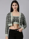 Women Sea Green Checked Front-Open Crop Sweater-CHN-006-Seagreen