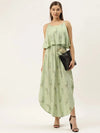 Printed Flare yoke with U hem long dress in pista green color