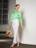 Women Green & White Satin Striped Shirt