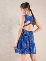 Women Royal Blue Floral Back Cut Out Short Dress