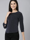 Round Neck Cuffed Sleeves Embellished Navy Blue Regular Top-SP-826-Navyblue