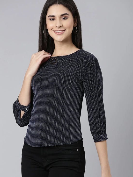 Round Neck Cuffed Sleeves Embellished Navy Blue Regular Top-SP-826-Navyblue