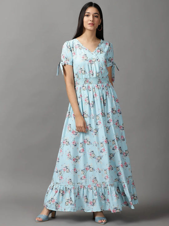 Women's Blue Floral Fit and Flare Dress-KG-5000-Blue