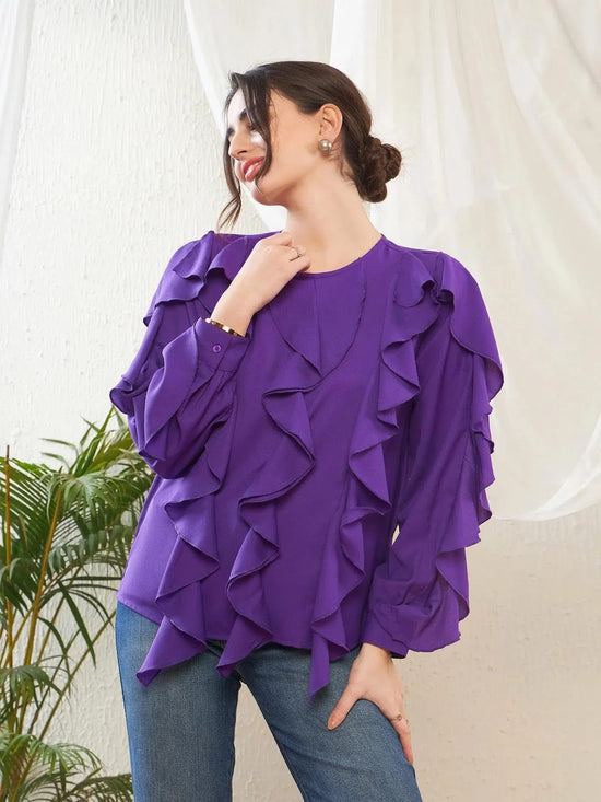 Women Purple Full Sleeves Ruffle Top