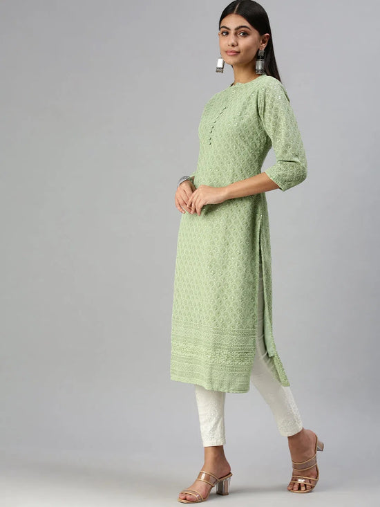 Women's Green Embroidered Straight Kurta-SKC3208-Green