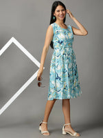 Women's Blue Printed Fit and Flare Dress-NJ-3005268A-Blue