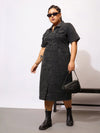 Women Black Denim Acid Wash Front Button Shirt Dress