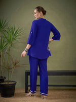 Women Royal Blue Hem Embroidered Shirt With Palazzos