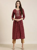 Women Maroon Floral A-Line Kurta-AT-A899-NC-Maroon