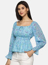 Floral Blue Smocked Peplum Top-17344