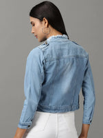 Women's Blue Solid Denim Jacket-AE-9507-Blue