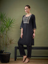 Women Black Zari Embroidered Kurta with Pants