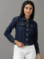 Women's Navy Blue Solid Denim Jacket-LT-JKT-22905-2-Navyblue