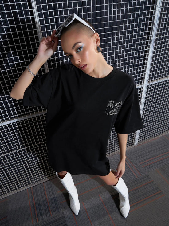 Women Black GAME ON Printed Oversized T-Shirt Dress