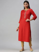 Women's Red Striped Straight Kurta-HO386-Red