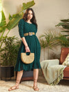 Women Teal Dobby Tiered Midi Dress