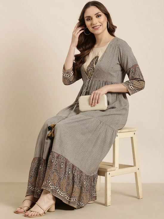 Women Anarkali Beige Ethnic Motifs Kurta Comes With Overcoat-GW-4163-Beige