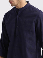 Men Mandarin Collar Geometric Navy Blue Casual Shirt-VAAGS-2234-Navyblue