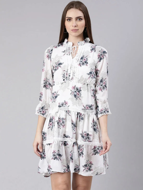 Women White Floral Fit and Flare Dress-AE-15797-White