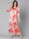 Flossy pink floral print women long nightwear dress