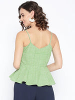 Front knot peplum top with printed checks in Green