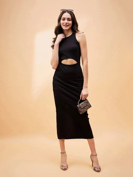 Women Black Front Cut Out Rib Midi Dress