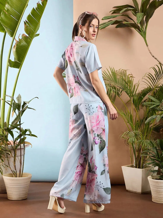 Women Light Blue Floral Shawl Collar Top With Pants