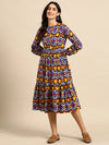 Midi Layered dress with balloon sleeve in Multi color ikkat Print