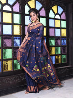 Navy Blue Cotton Saree With Zari Borders-MA64BCT401190047