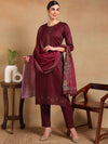 Ahika Women Maroon Silk Blend Embroidered Straight Kurta Pant Set