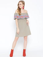 Off shoulder mini dress with print on the frill in Taupe Color