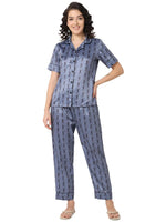 Smarty Pants Women's Silk Satin Slate Grey Color Aztec Printed Night Suit