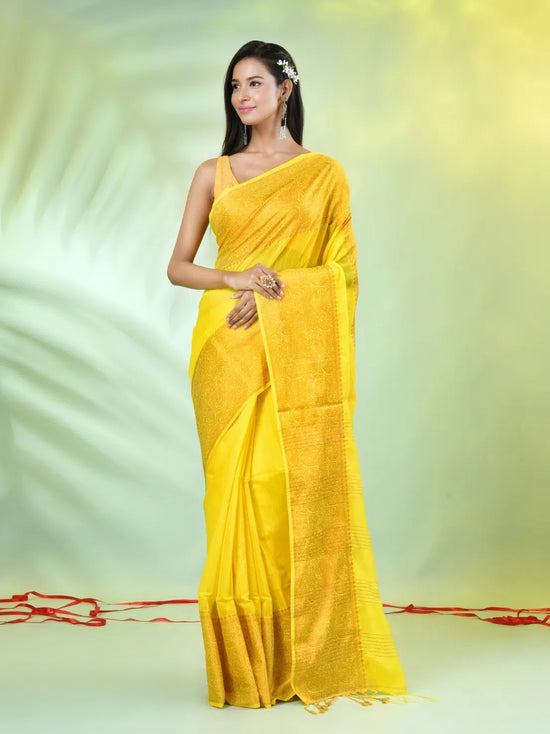 Yellow Cotton Saree With Zari Borders-MA66BCT43620001