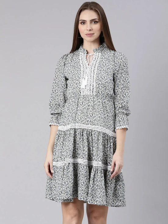 Women Grey Floral Fit and Flare Dress-AE-15793-Grey