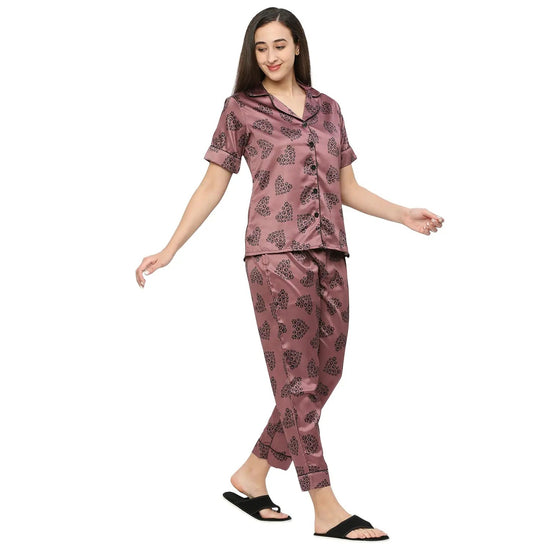 Smarty Pants Women's Silk Satin Chocolate Color Paw Print Night Suit