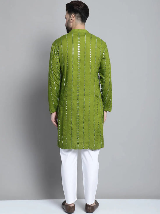 Men's Embroidered Mirror Work Kurta Payjama Sets-JOKP-P-694Olive