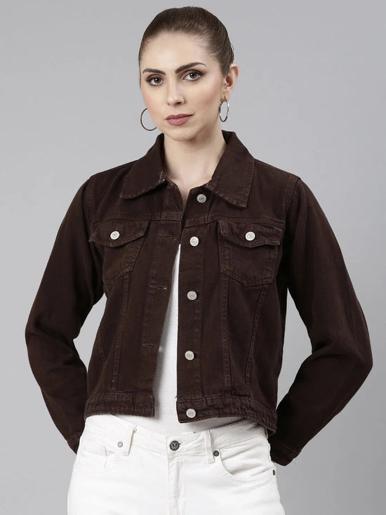 Women Coffee Brown Solid Denim Jacket-GZ-5598-Coffeebrown