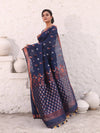 Navy Blue Cotton Saree With Zari Border-MA54BCT041380032