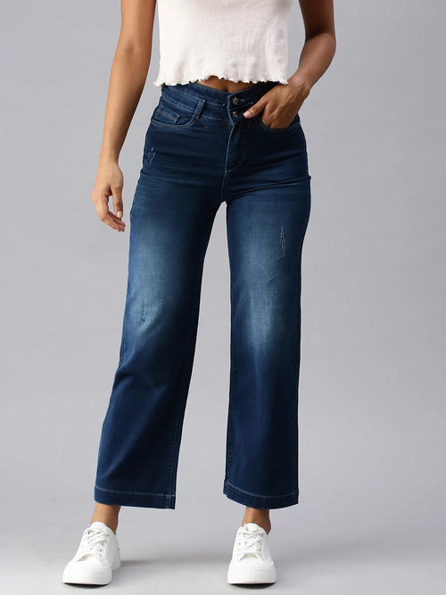 Women's Blue Solid Wide Leg Denim Jeans-IM-9867-Blue