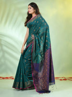 Teal Cotton Saree With Zari Borders-MA66BCT43830040